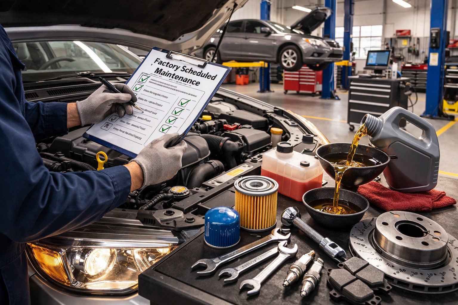 Car maintenance in a modern garage