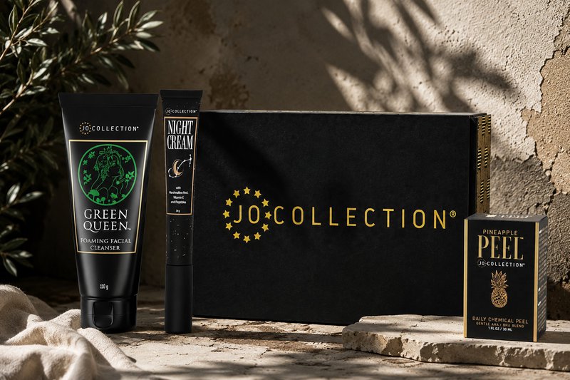 JO Collection skincare set featuring Green Queen cleanser, Night Cream, and Pineapple Peell to prevent over cleansing