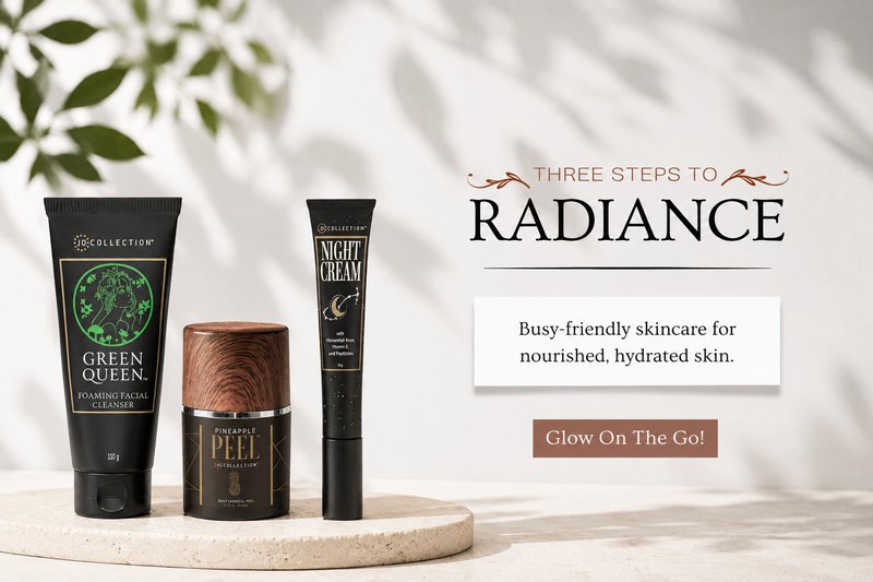 Jo Collection three-step skincare routine featuring Green Queen cleanser, Pineapple Peel, and Night Cream.