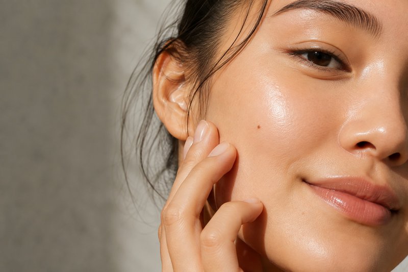 Close-up of a woman with glowing, healthy-looking skin gently touching her face.Close-up of a woman with glowing, healthy-looking skin due to layer skin care gently touching her face.