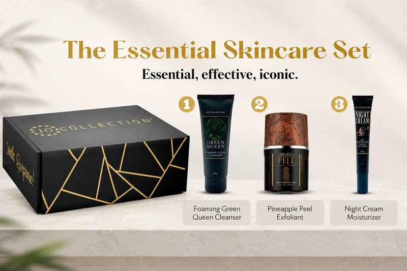 JO Collection Essential Skincare Set featuring Green Queen Cleanser, Pineapple Peel Exfoliant, and Night Cream Moisturizer.