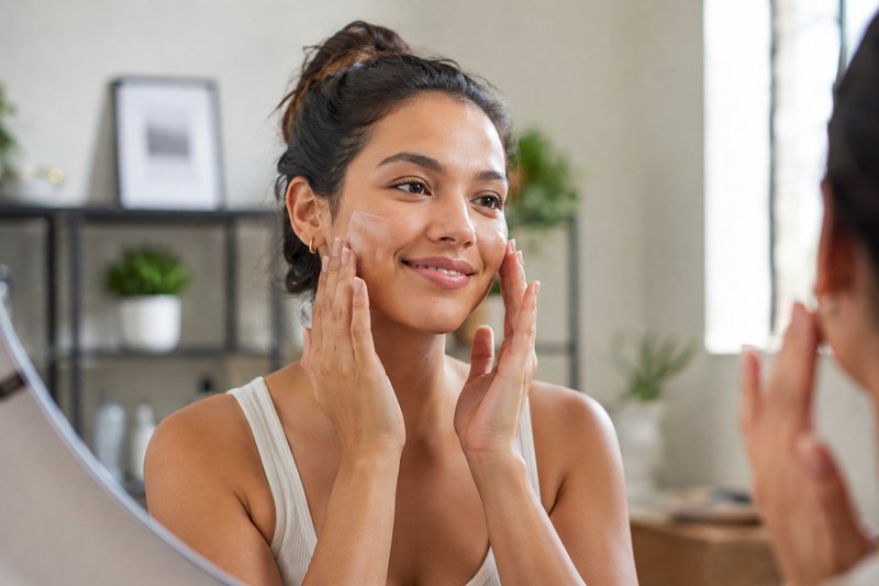 Woman applying skincare cream to her face as part of her daily skincare routine.