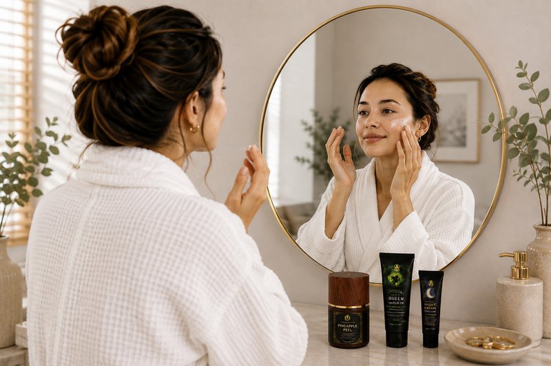 Woman applying moisturizer to support a damage skin barrier while looking in a mirror