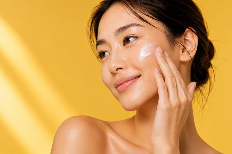 Woman applying face cream for damage skin barrier in a yellow studio portrait