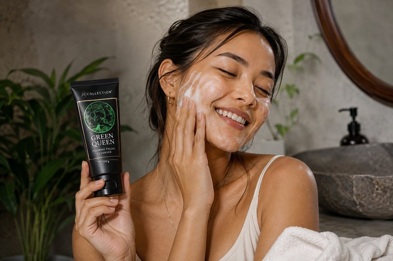 Woman using Jo Collection Green Queen Foaming Facial Cleanser as part of her skincare routine.