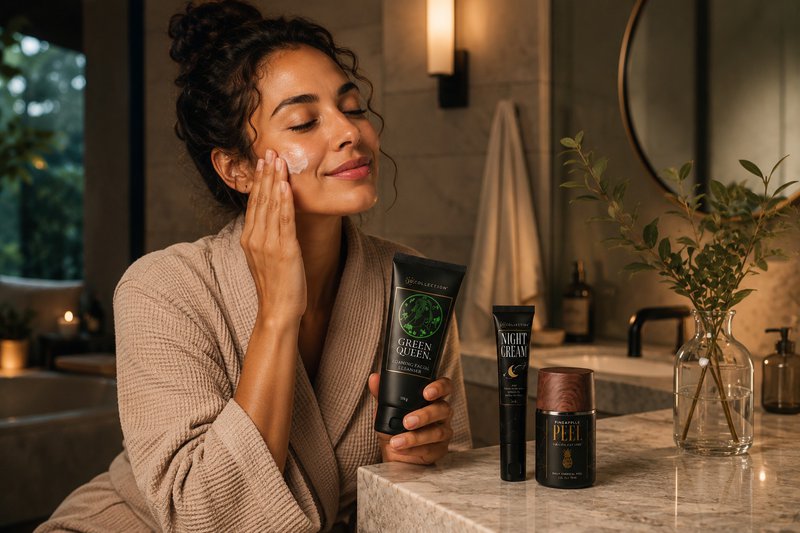 Woman applying skincare in a modern bathroom while holding a facial cleanser, with a night cream and exfoliating peel displayed on the vanity for an evening skincare routine.