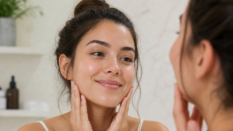 A woman admiring clean beauty skincare results.