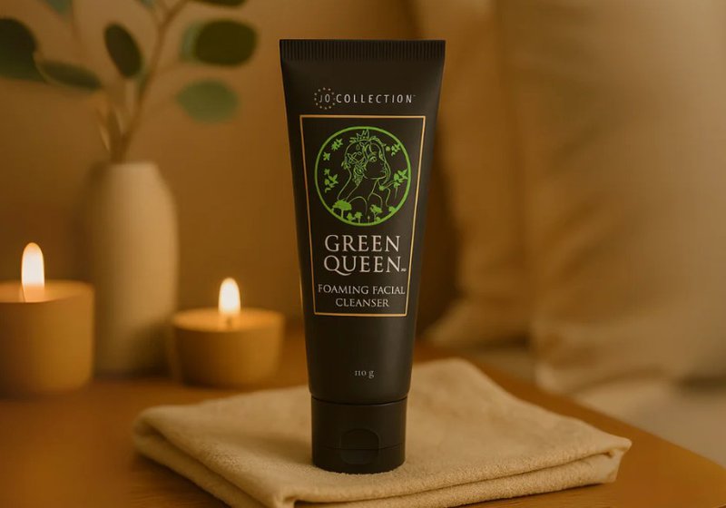 Green Queen hydrating facial cleanser by Jo Collection displayed with product box and tube