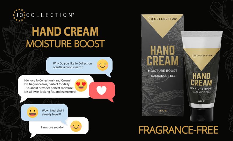 Jo Collection Hand Cream Moisture Boost fragrance-free box and tube displayed alongside customer review chat bubbles