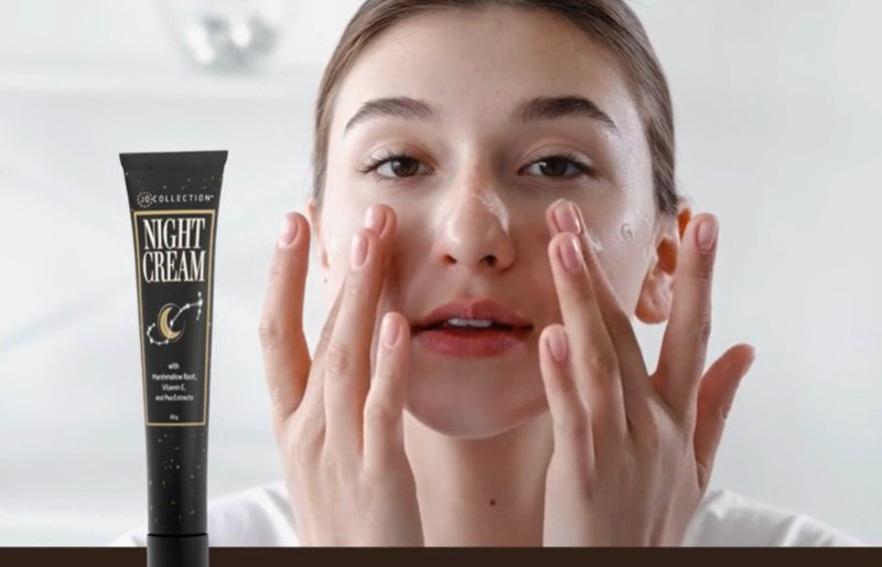Woman applying Jo Collection hydrating night cream to her cheeks with the product