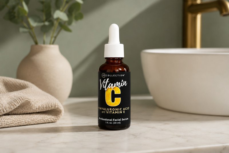 Vitamin C serum sitting in the bathroom counter ready for bedtime simple skincare routine