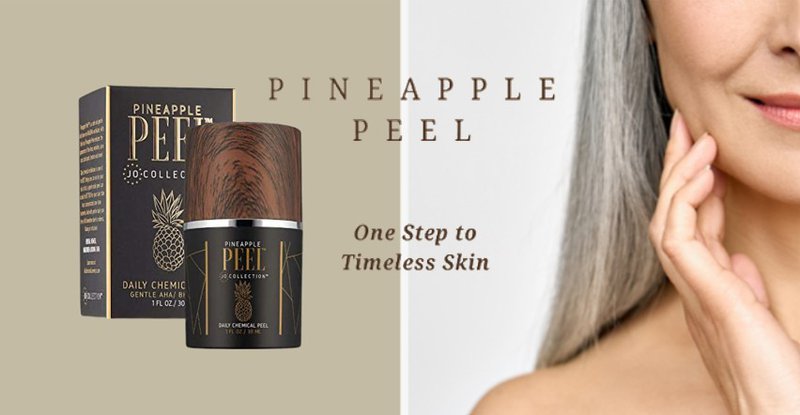 Jo Collection Pineapple Peel daily exfoliator beside a mature woman