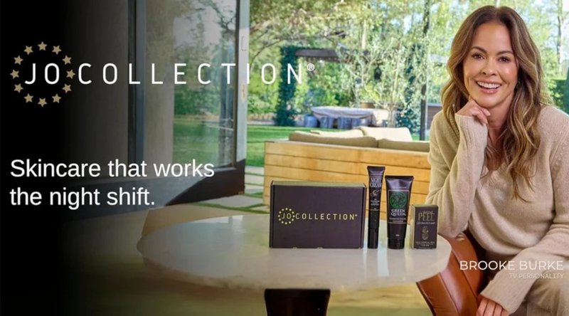 TV Personality Brooke Burke endorsing the Jo Collection nighttime essentials kit to ensure healthy skin
