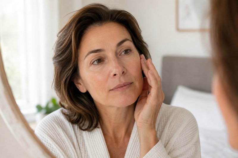 Woman examining tired skin