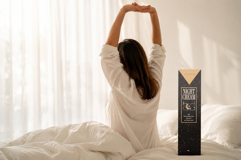 Woman waking up with Jo Collection night cream to help with tired skin