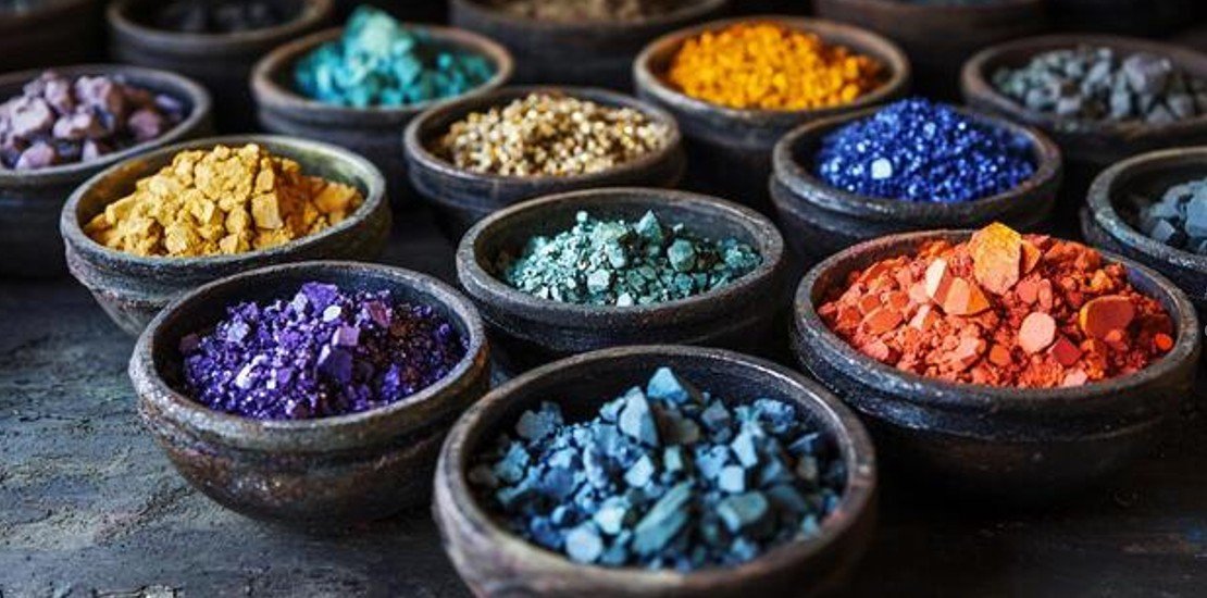 a set of bowls with colourful minerals