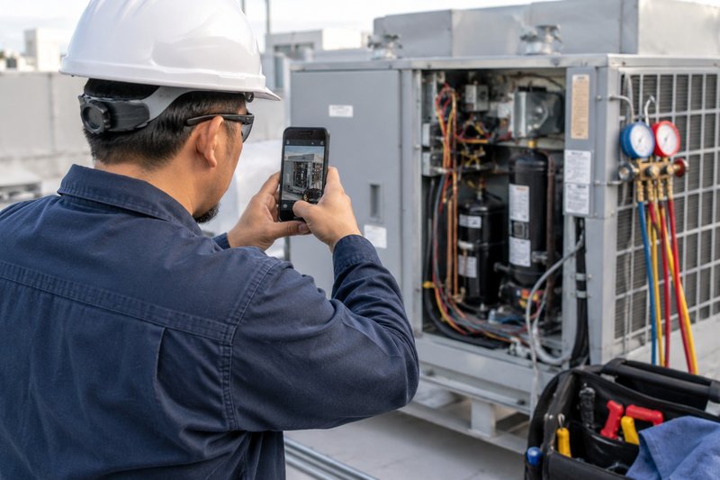 Technicien de service documentant les travaux de maintenance effectués avec un smartphone pour finaliser l’ordre de travail