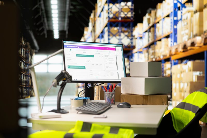 a computer on a desk with packages around inside a warehouse for furniture installation