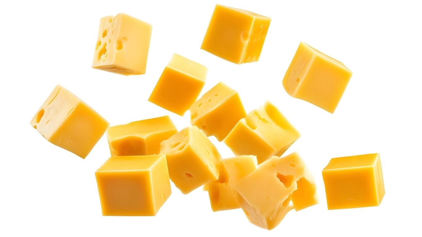 Cubes of cheddar cheese scattered on a white background, showcasing the final product of a commercial cheese press.