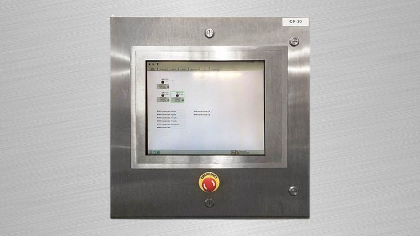 A stainless steel control panel displaying a predictive maintenance software interface for centrifugal pumps.