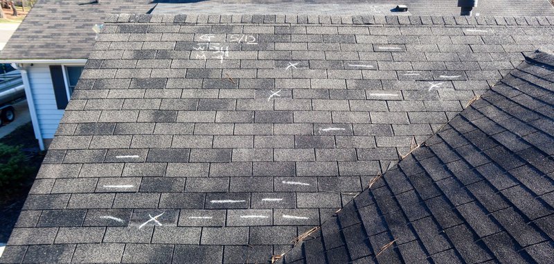 Aerial view of hail damage roof repair inspection with marked impact points
