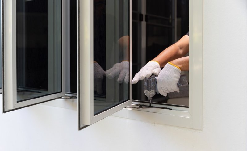Installer securing new window frame as part of window replacement cost estimate