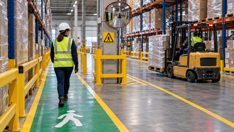 Warehouse worker using a marked pedestrian walkway separated from forklift traffic
