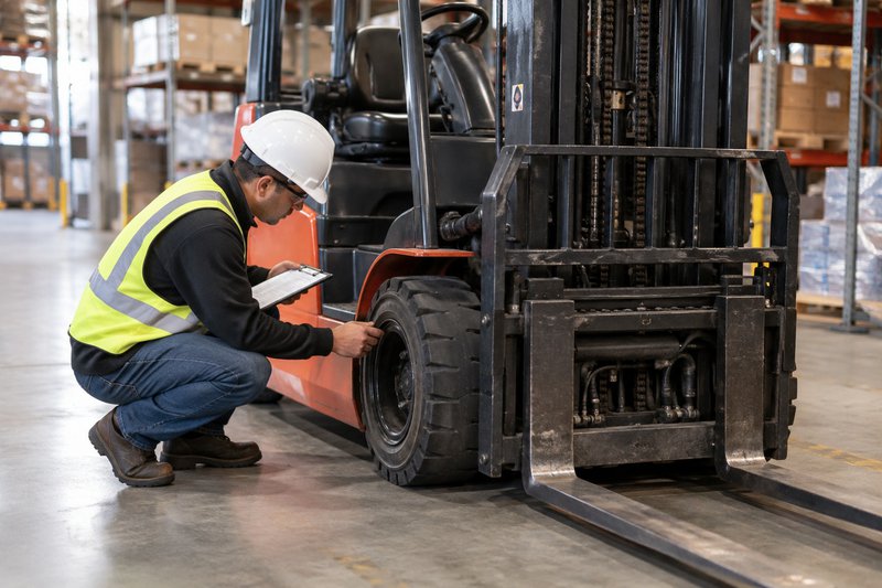 Worker completing a warehouse equipment inspection checklist on a forklift