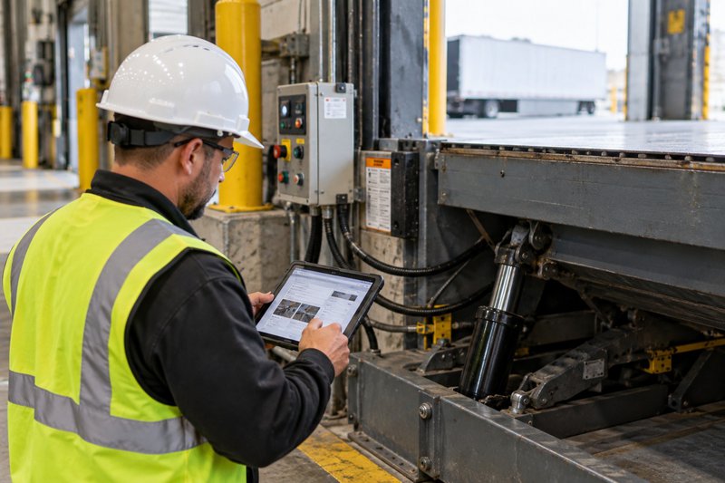 Facility maintenance technician documenting warehouse equipment condition data