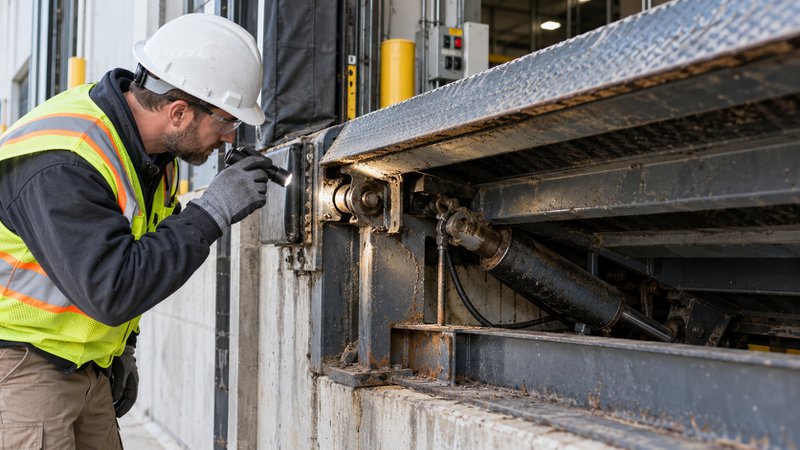 Technician inspecting worn dock leveler components for corrosion and mechanical damage