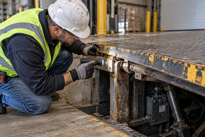 Technician inspecting dock leveler damage around the lip and hinge