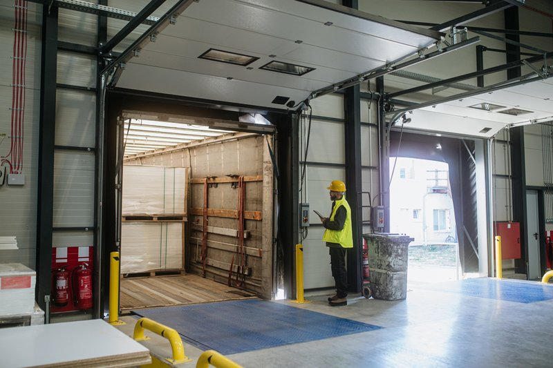 Service technician inspecting loading dock equipment after installation