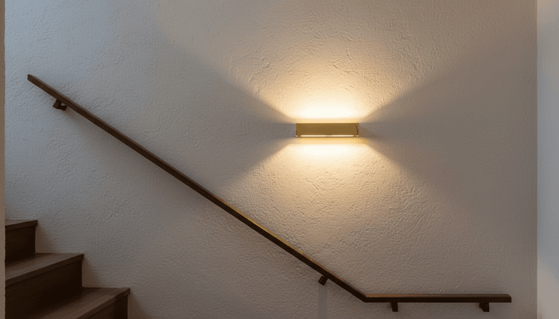 Applique in ottone a doppia emissione ambientata in scala/corridoio