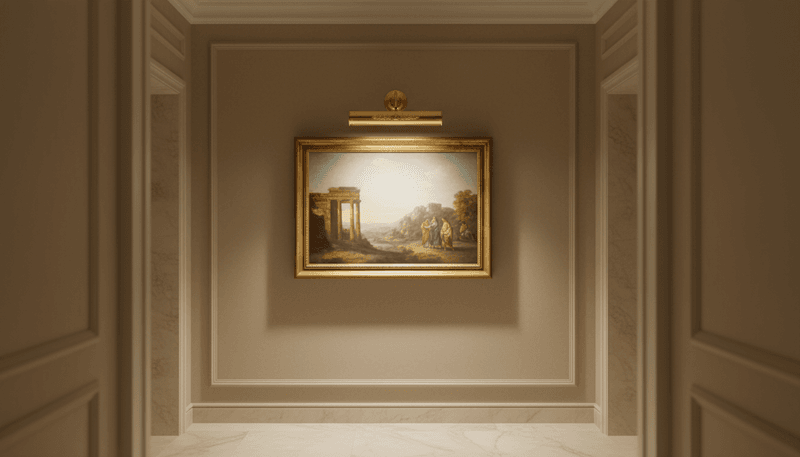 Applique per quadri in ottone con motivo floreale ambientata in corridoio