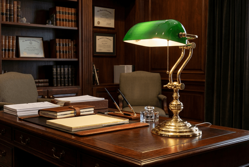 Verstellbare Bankerlampe aus poliertem Messing mit grünem Schirm auf einem Chefschreibtisch