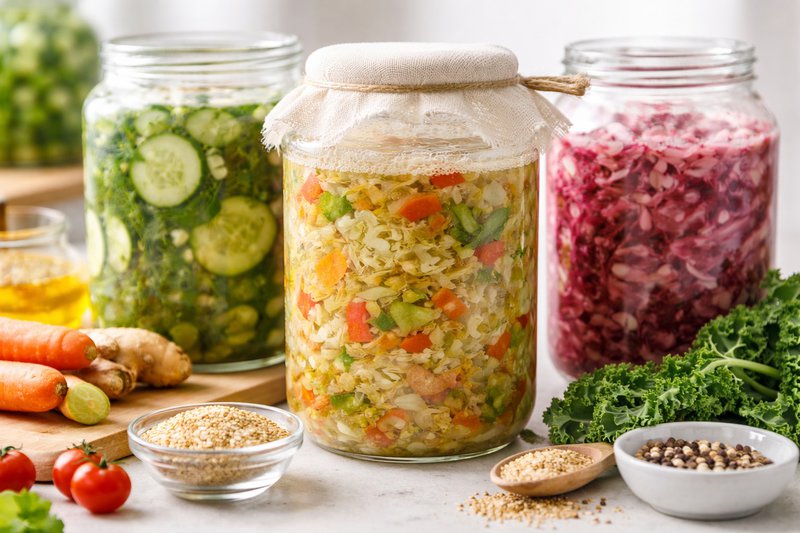 Close-up of plant-based ingredients fermenting in glass containers, illustrating probiotic activity and nutrient transformation.