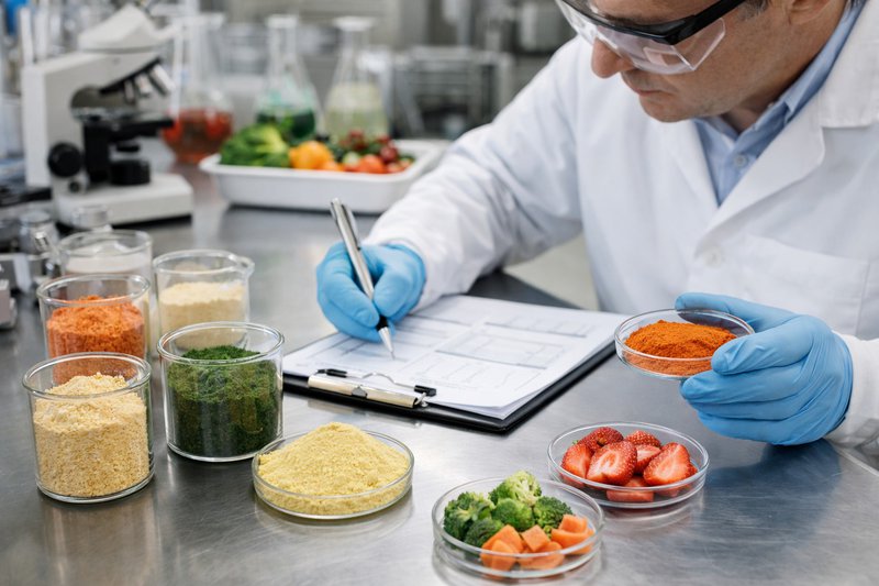 Food scientist analyzing ingredient samples and formulations in a nutrition research lab.