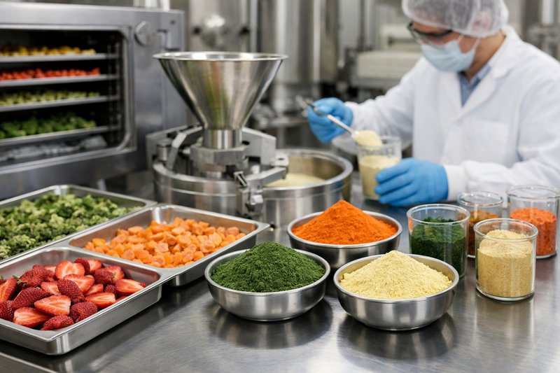Whole fruits and vegetables processed into fine nutrient powder in a clean food production environment.