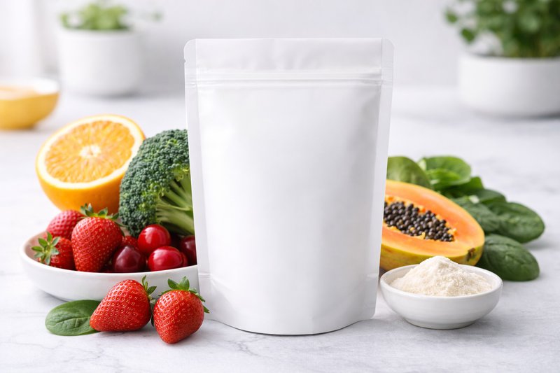 Minimalist product packaging surrounded by fresh fruits and vegetables representing clean-label ingredients