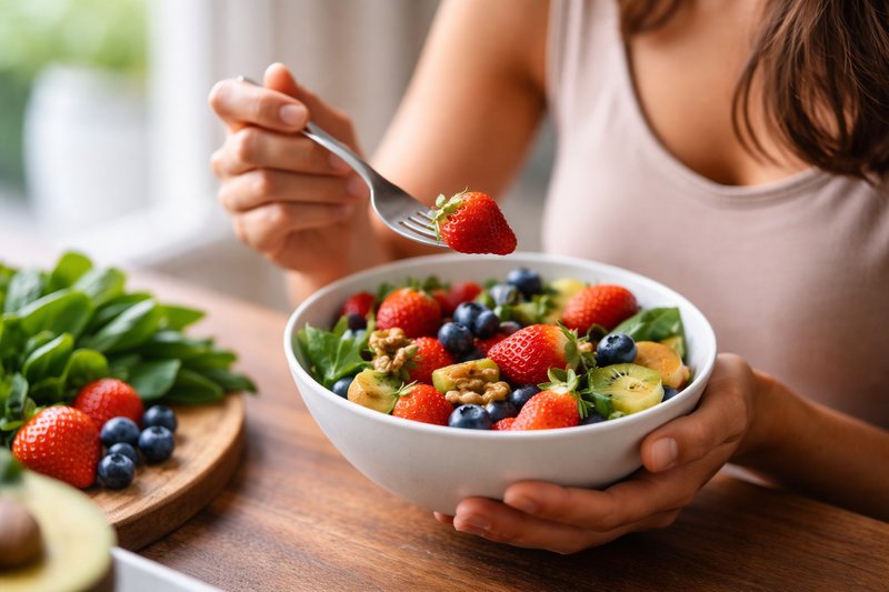 Person eating a bowl of fresh fruits and vegetables in natural light, representing nutrient-rich whole-food consumption.