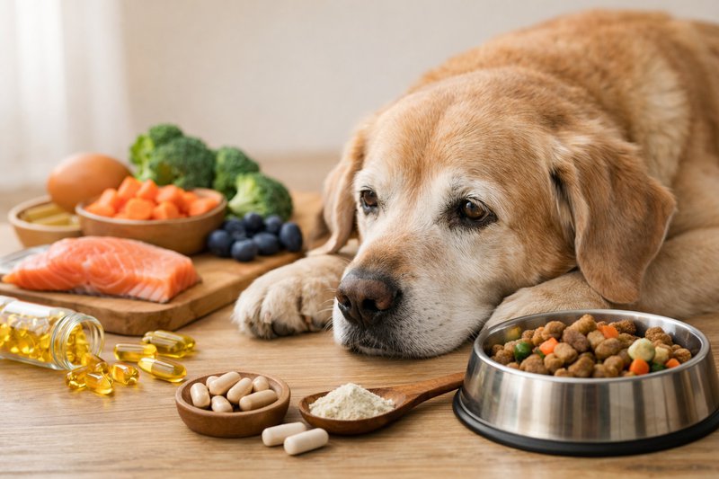 Senior dog resting near fresh whole food ingredients used in pet nutrition
