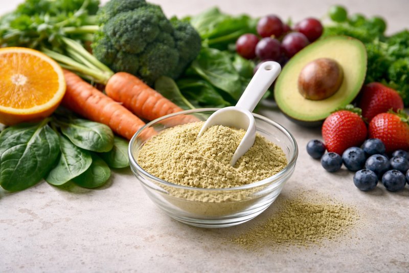 Bowl of fine vegetable and fruit powder with fresh produce around it, showing whole foods transformed into concentrated nutrients.