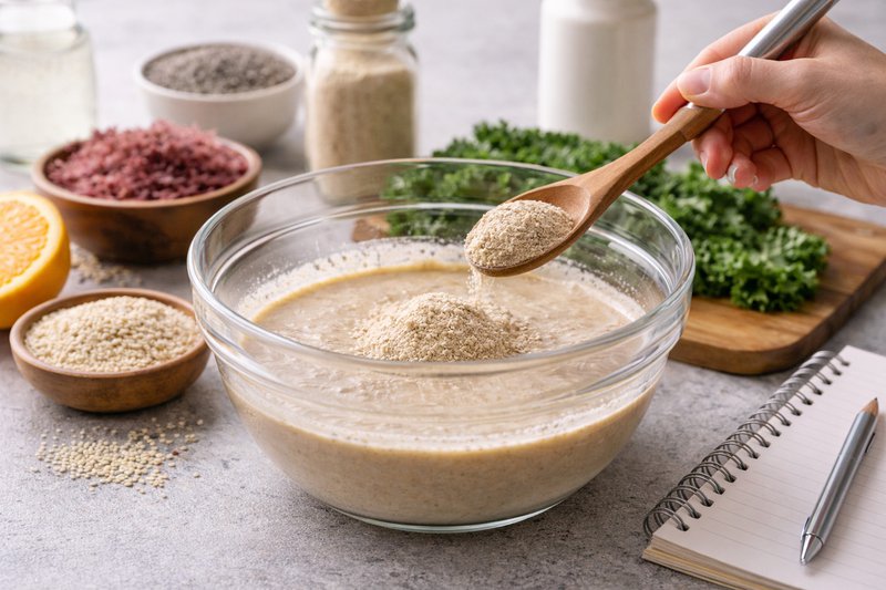 Horizontal image of plant-based calcium powder being added from a wooden spoon into a bowl mixture, surrounded by natural ingredients like kale, seeds, and seaweed.