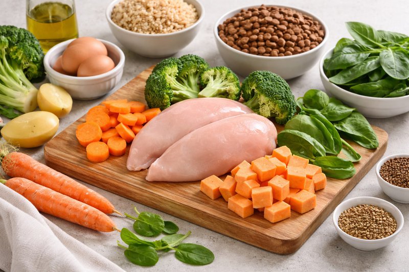 Assortment of whole food ingredients like chicken, carrots, spinach, and sweet potatoes arranged for dog food preparation.