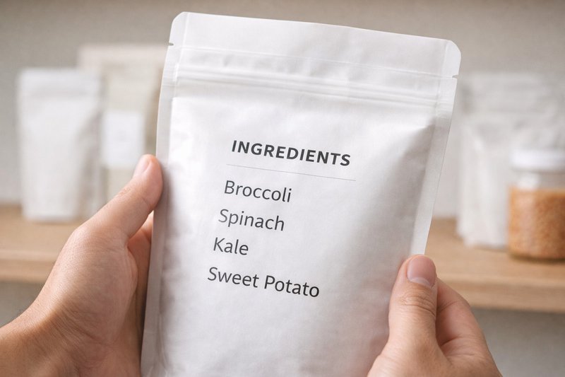 Minimalist product packaging with a simple ingredient list, representing clean-label formulation and transparency