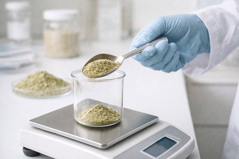 Food scientist measuring plant-based nutrient powder in a controlled lab environment during formulation