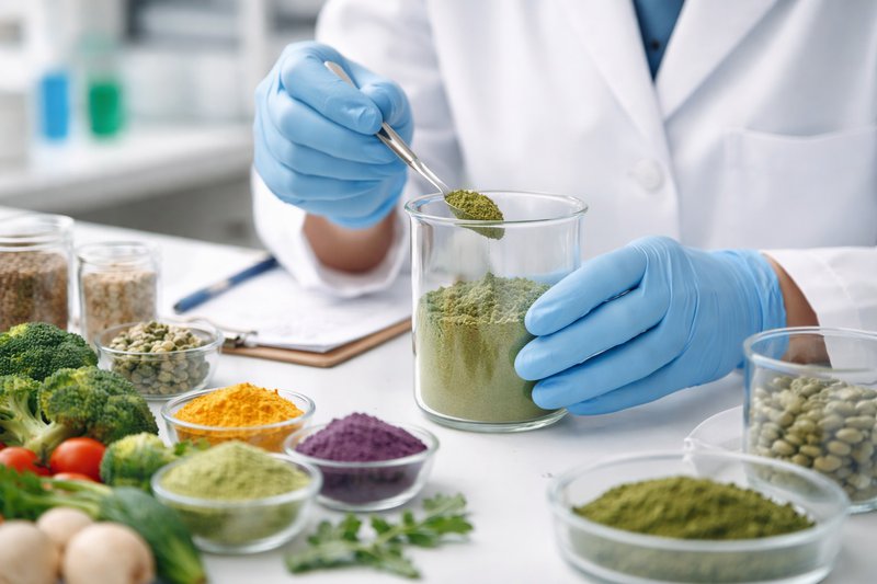 Food scientist working with plant-based powder ingredients in a lab setting