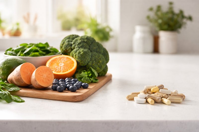 Fresh fruits and vegetables beside capsules on a clean surface showing natural versus synthetic nutrient sources and supplements for dogs