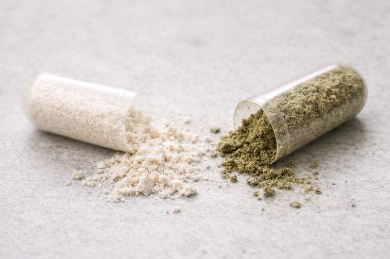 Open capsules showing contrast between fine synthetic powder and darker plant-based powder