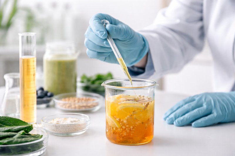 Scientist using a pipette to analyze a beverage sample in a lab, representing stability testing and nutrient retention.